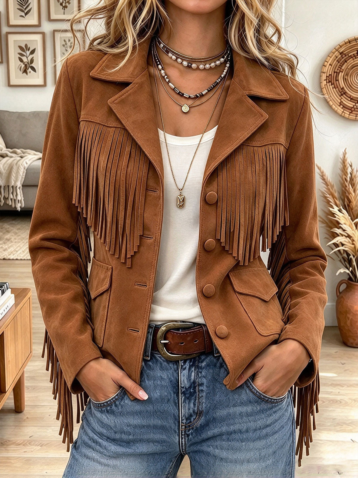 Women's Brown Suede Fringe Jacket with Lapel Collar and Button Front
