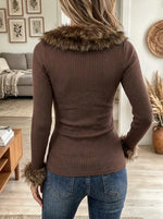 Women's Faux Fur Trim Brown Sweater