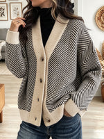 Women's Beige and Black Chevron Pattern Knit Cardigan Sweater V-Neck Button Down