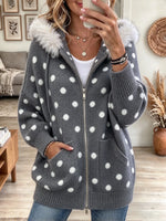 Women's Fur Collar Polka Dot Hooded Cardiga