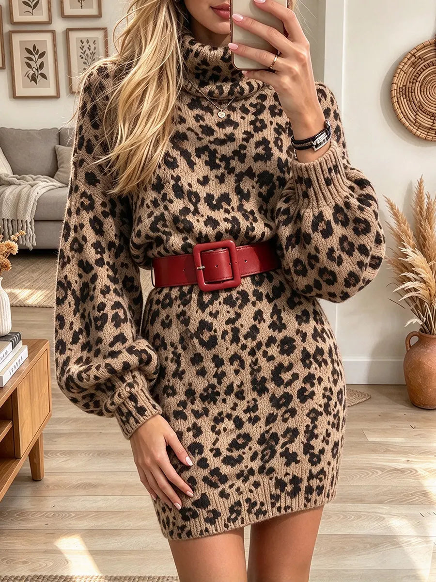 Women's Turtleneck Leopard Print Sweater Dress (belt Not Included)