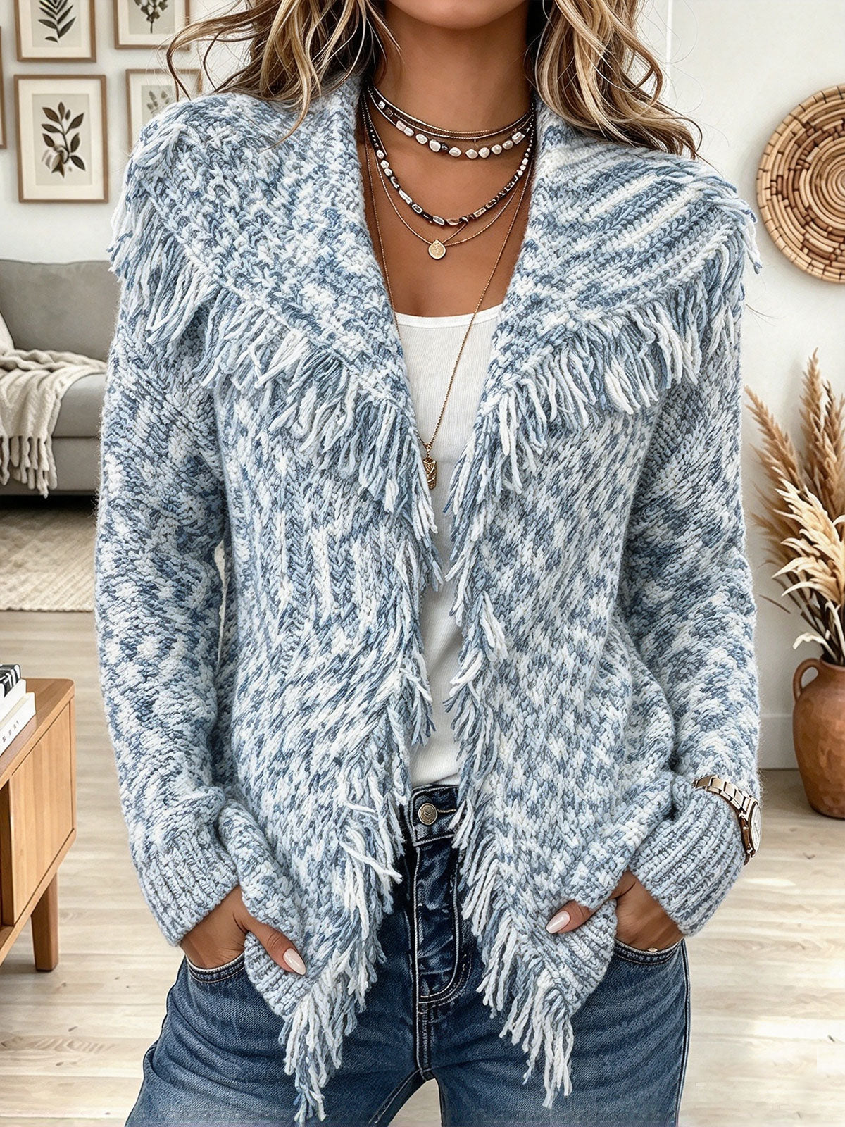 Women's Blue and White Tweed Knit Cardigan with Fringe Trim