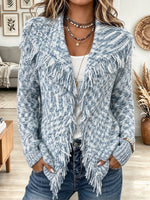 Women's Blue and White Tweed Knit Cardigan with Fringe Trim