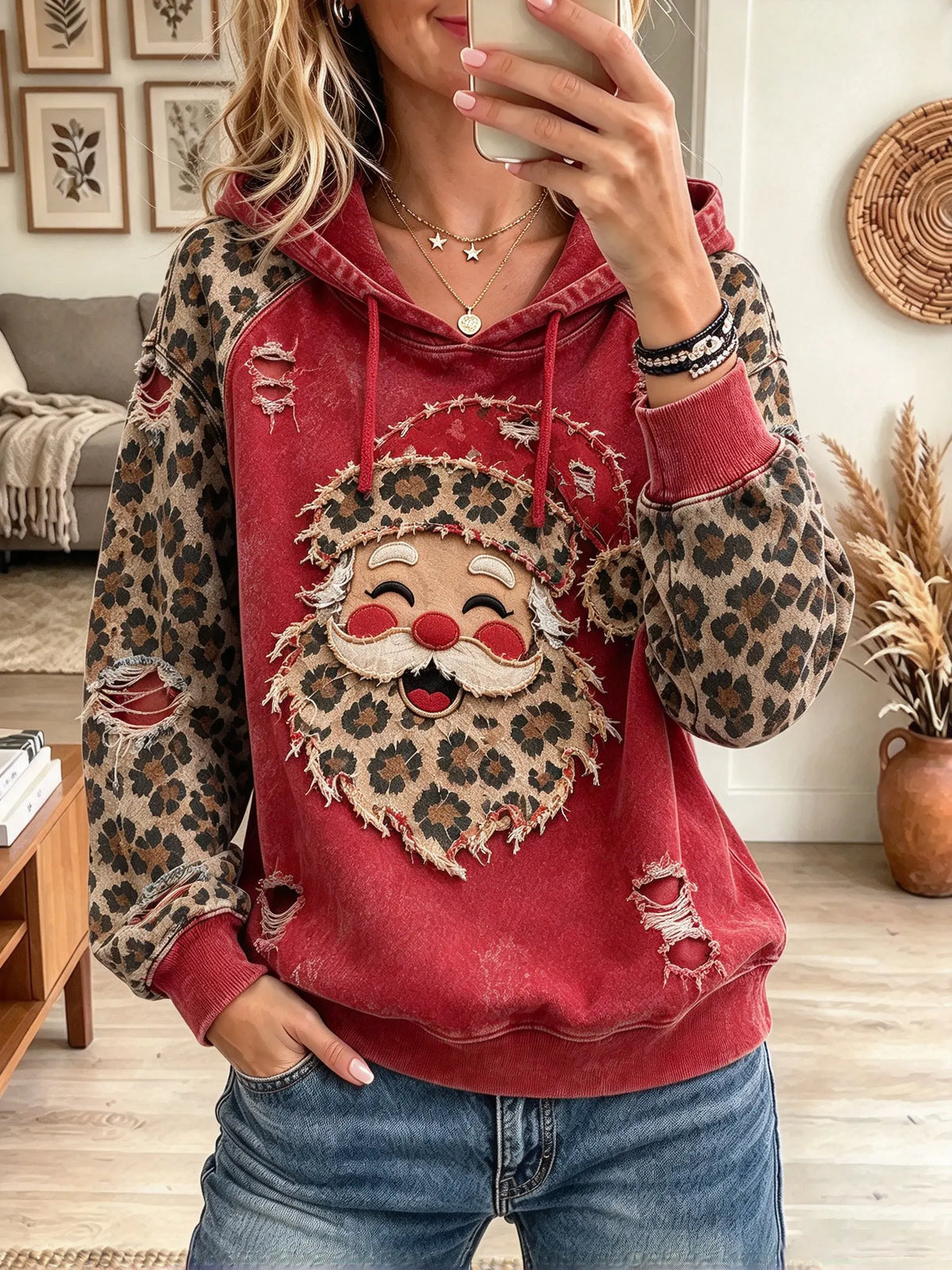 Women's Leopard Patchwork Santa Print Hoodie