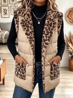Vintage Elegant Leopard Print Ruffled Patchwork Quilted Winter Jacket Vest