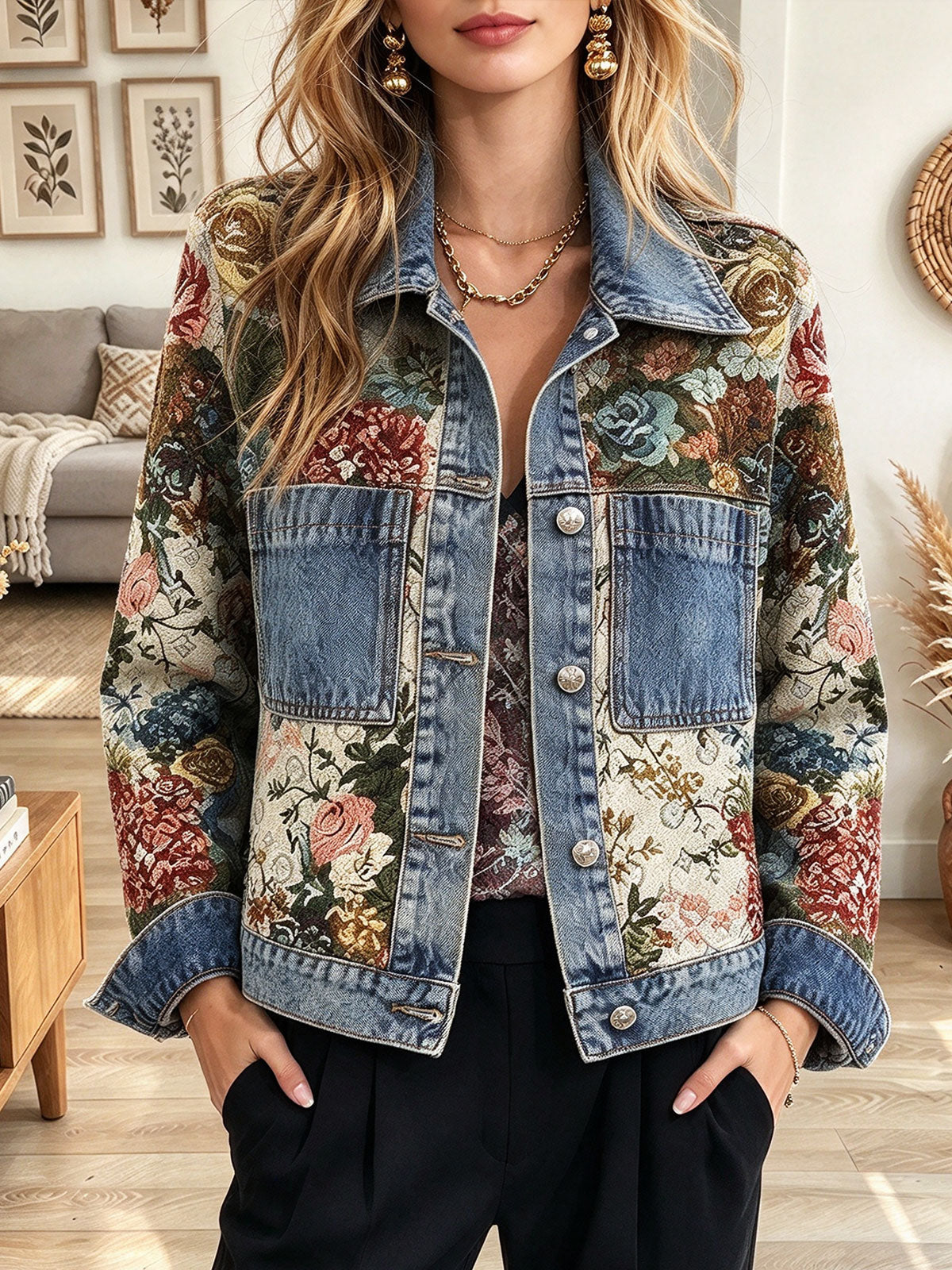 Women's Vintage Floral Print Denim Jacket with Button-Front and Pockets