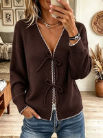Women's Scalloped Trim Bow Tie Ribbed Knit Cardigan