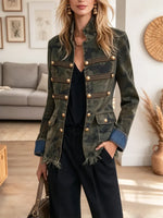 Retro Military Art Casual Stylish Long Sleeve Stand Collar Denim Coat