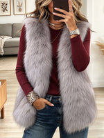 Women's Grey Fux Fur Vest Layered Over Burgundy Ribbed Knit Long Sleeve Top