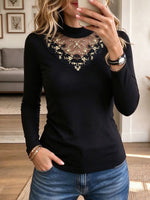 Women's Black Mock Neck Long Sleeve Top with Gold Floral Embroidery Mesh Yoke