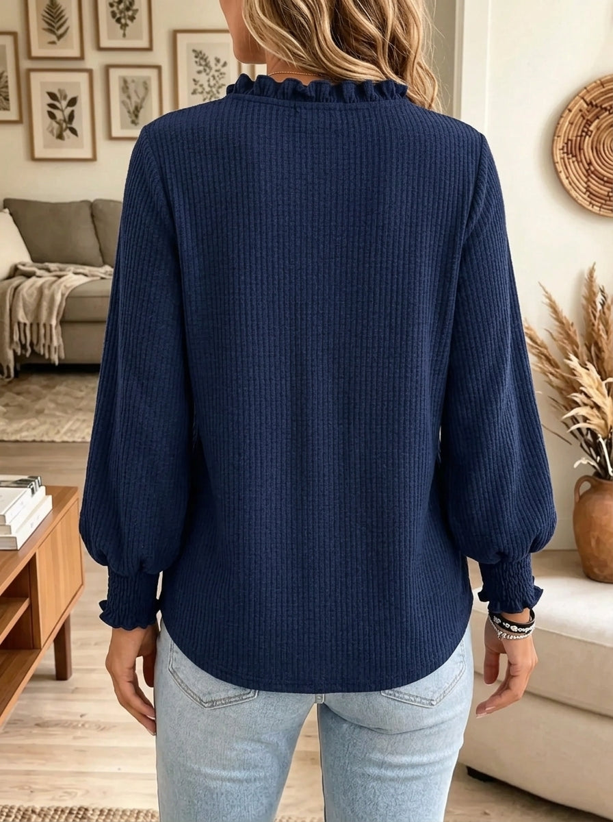Women's Ruffle Henley Neck Ribbed Knit Top