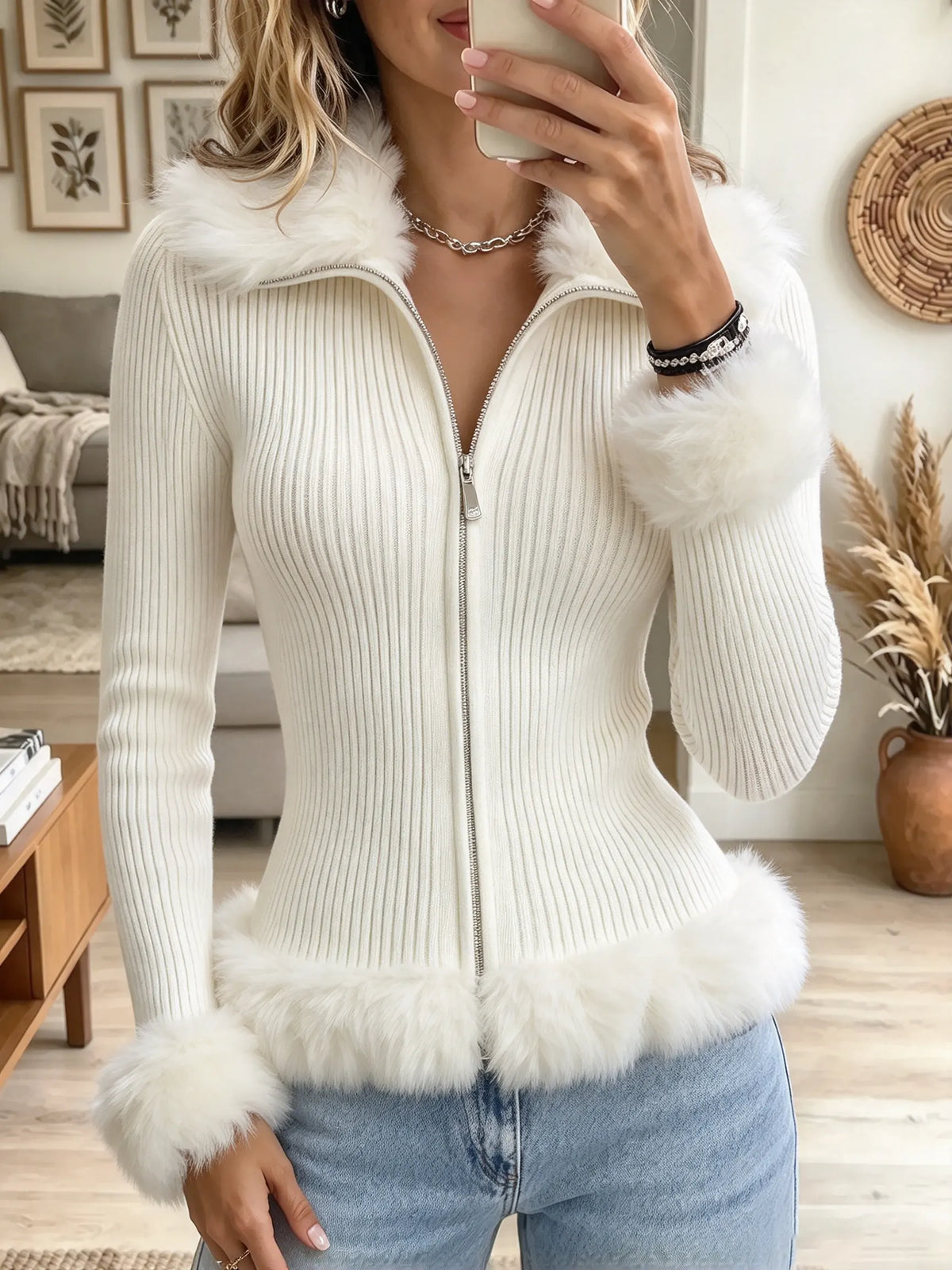 Women's Faux Fur Trim Ribbed Zip Cardigan