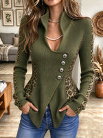 Women's Olive Green Ribbed Knit Top with Asymmetric Buttons and Leopard Trim