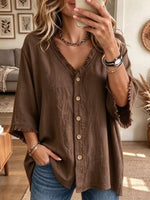 Women's Brown Button-Up Blouse with Raw-Edge Trim and Short Sleeves