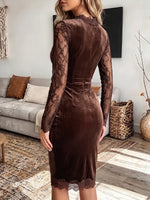 Vintage Elegant Velvet Patchwork With Sheer Lace Dress