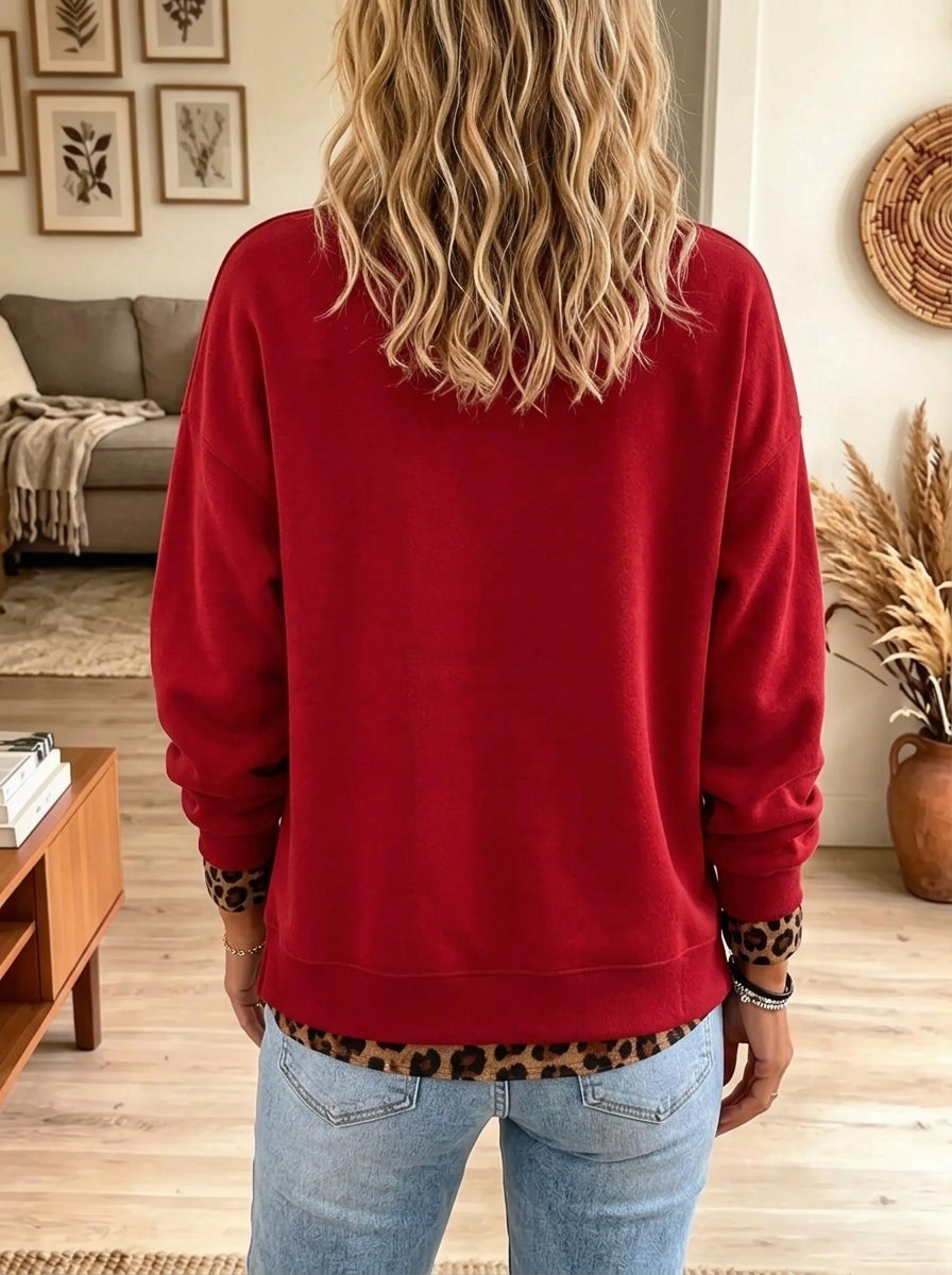 Women's Leopard Christmas Tree Layered Trim Sweatshirt