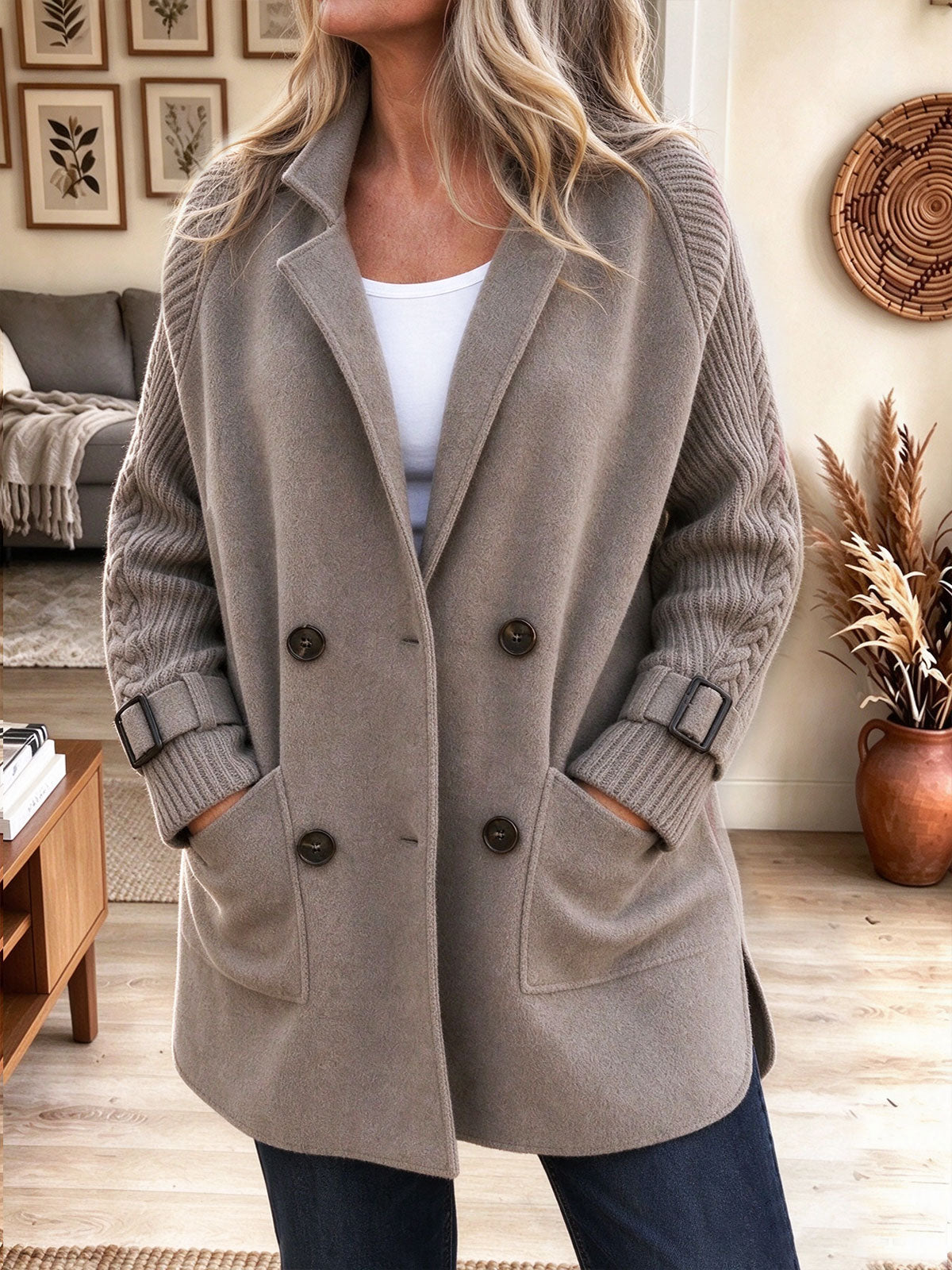 Women's Khaki Double-Breasted Coat with Cable Knit Sleeves and Buckles