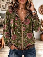 Women's Green Velvet Floral Print Zip-Up Hoodie with Leopard Contrast Trim