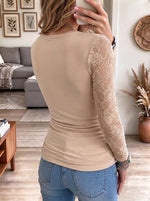 Women's Beige Sheer Floral Lace Long Sleeve Crew Neck Top