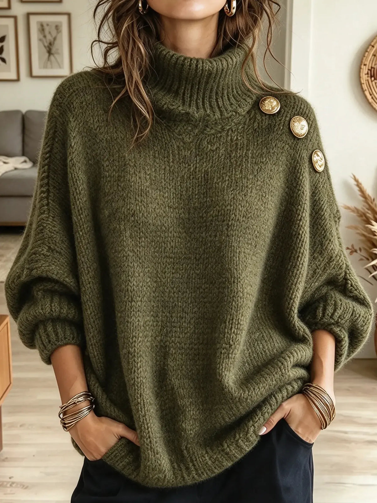Women's Gold Button Shoulder Turtleneck Knit Sweater