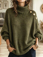 Women's Gold Button Shoulder Turtleneck Knit Sweater