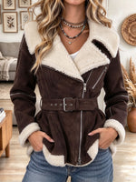 Women's Brown Suede Winter Jacket with Sherpa Fleece Trim and Belt