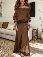 Vintage Elegant Knitted Fabric Patchwork Lace Off-shoulder Top And Skirt Two-piece Set