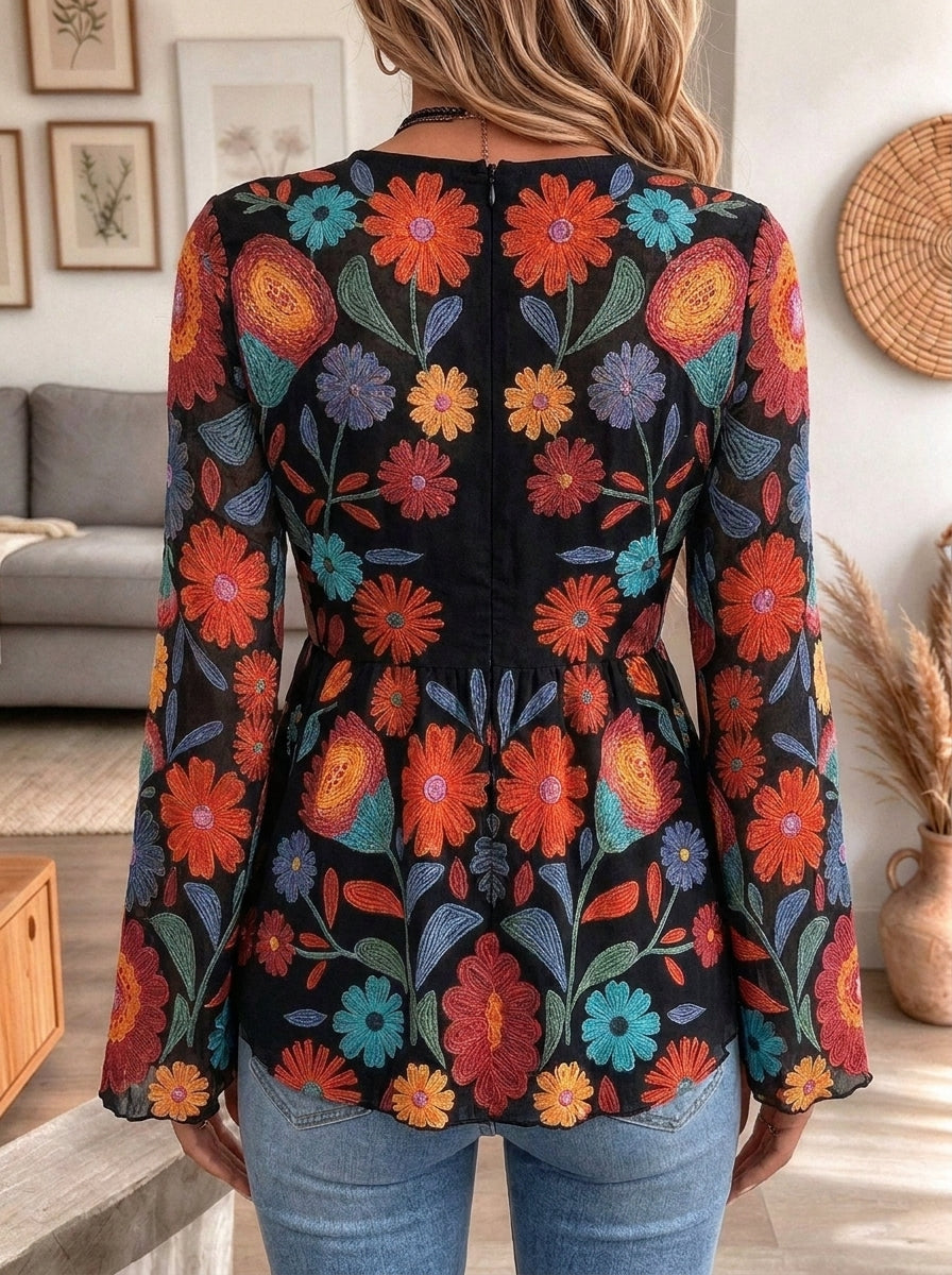 Women's Black V-Neck Long Sleeve Top with Vibrant Folk Floral Embroidery