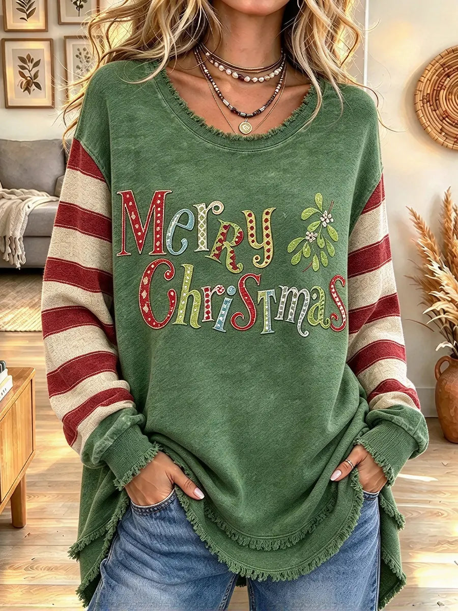 Women's Retro Christmas Print Frayed Edge Top