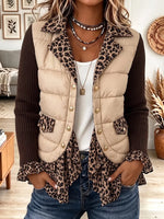 Vintage Elegant Leopard Print Ruffled Patchwork Quilted Winter Jacket