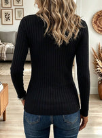 Women's Black Ribbed Knit Cowl Neck Long Sleeve Top with Heart Charm Detail