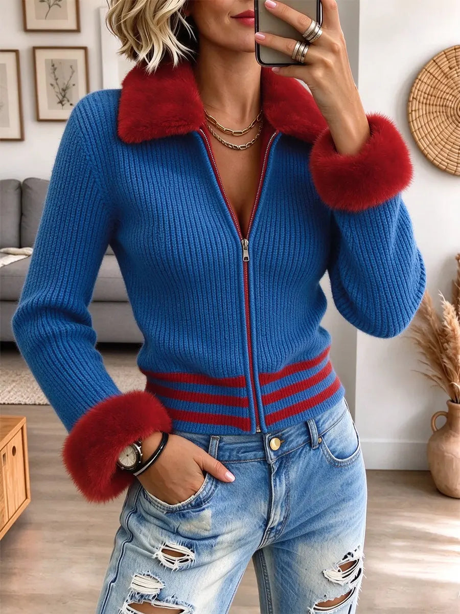 Retro Chic Color Block Art Casual Zip Knit Stylish Long Sleeve Sweater Coat