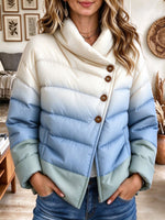 Women's Gradient Blue and White Quilted Puffer Jacket with Wrap Collar