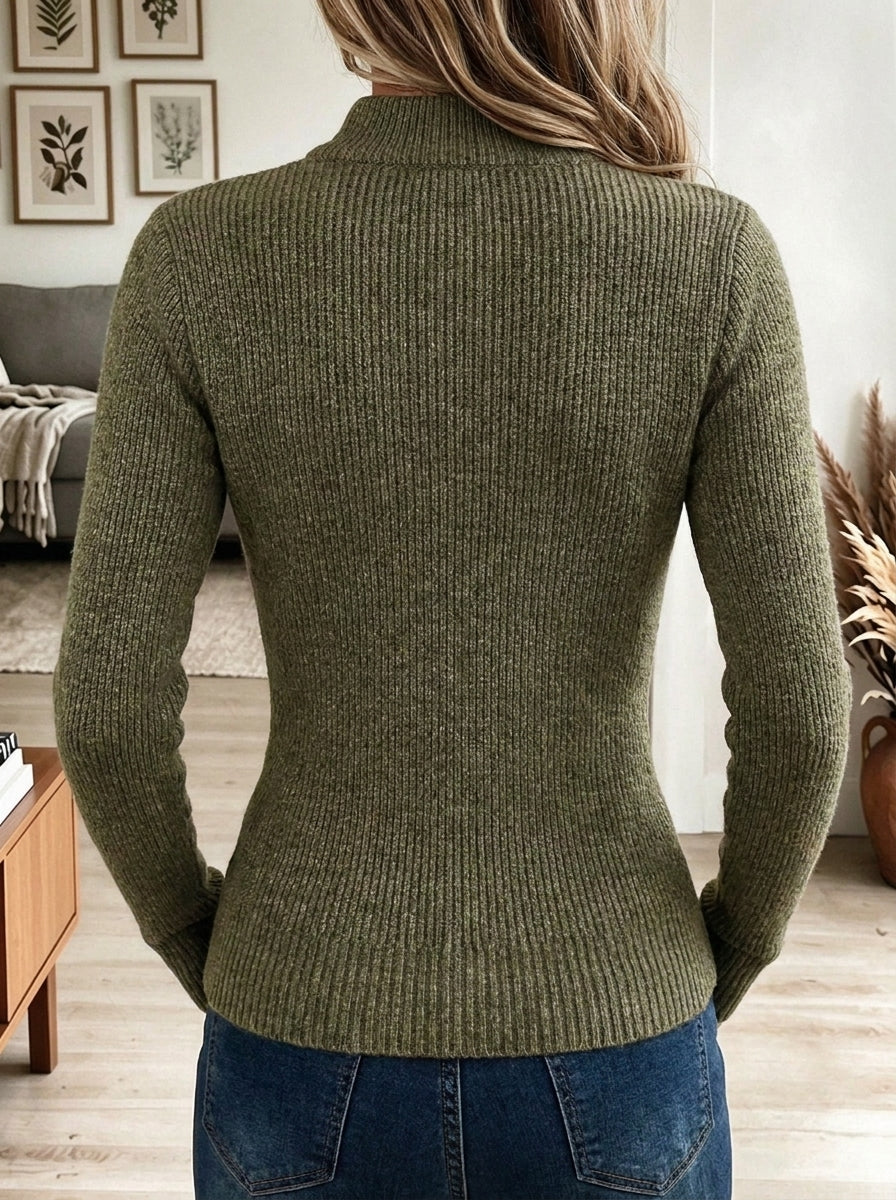 Women's Olive Green Ribbed Knit Full Zip Turtleneck Cardigan with Metal Buttons