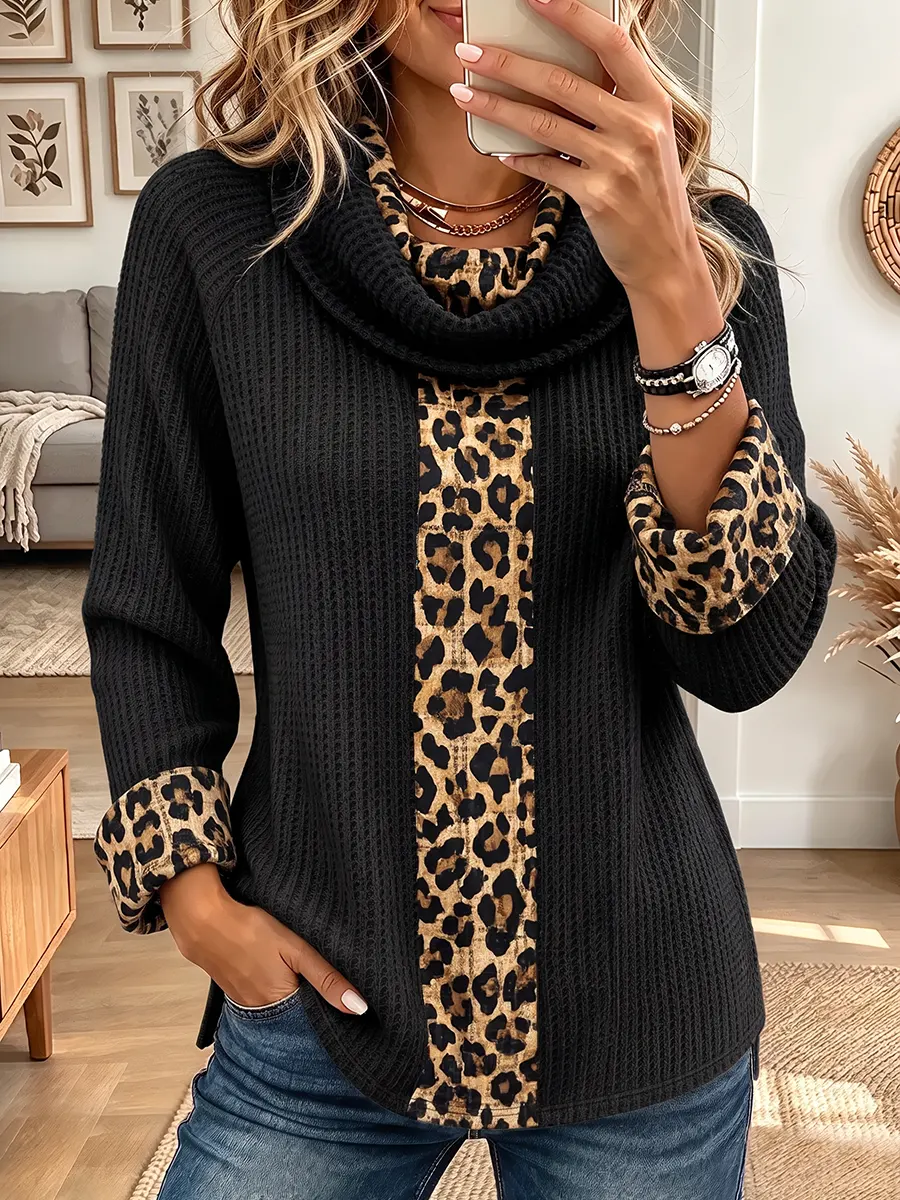 Vintage Elegant Waffle Knit Patchwork Leopard Turtleneck Shirt