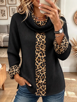 Vintage Elegant Waffle Knit Patchwork Leopard Turtleneck Shirt