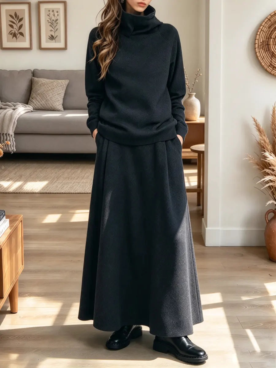 Vintage Chic Turtleneck Art Casual Stylish Long Sleeve Top And Skirt Two-piece Suit