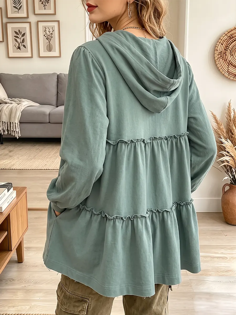 Vintage Elegant Hooded Zip-up Ruffled Sweatshirt Jacket