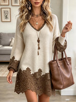 Women's Lace Trim V-Neck Sweater Dress