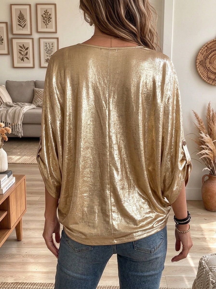 Women's Metallic Gold V-Neck Batwing Sleeve Blouse with Adjustable Cuffs