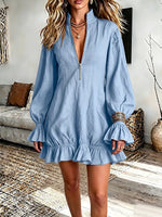 Vintage Elegant Zip-neck Stand-collar Ruffled Cotton-linen Blend Dress