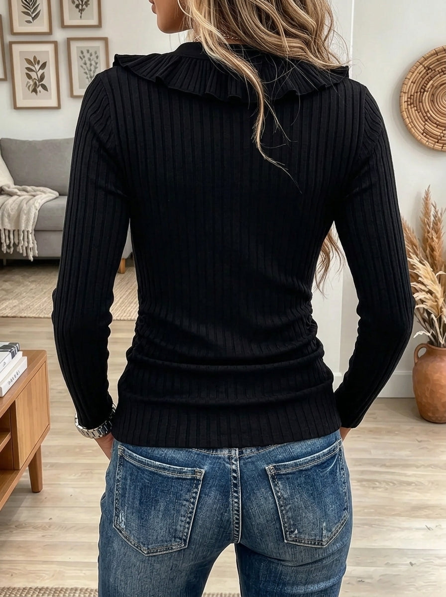 Women's Ruffled V-Neck Button Ribbed Top