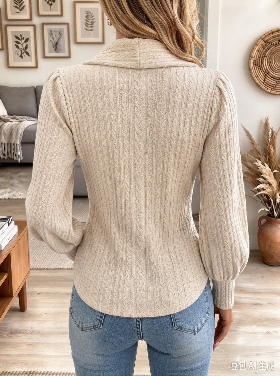 Women's Wrap Collar Cable Knit Sweater With Pearl Buttons