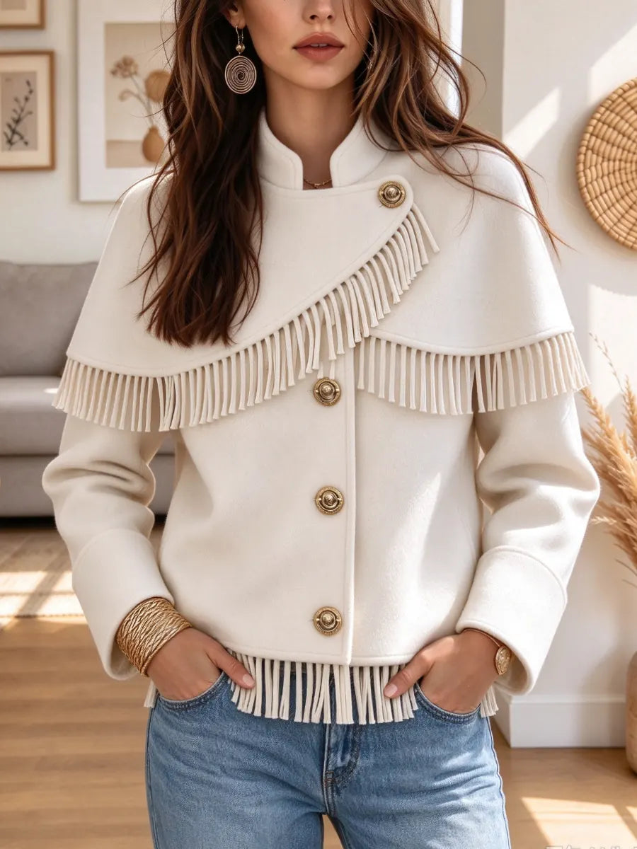 Retro Elegant Chic Fringe Art Casual Stylish Stand Collar Long Sleeve Coat