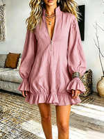 Vintage Elegant Zip-neck Stand-collar Ruffled Cotton-linen Blend Dress
