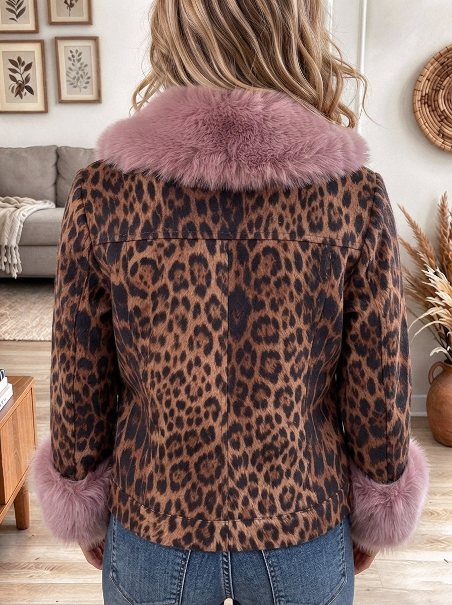 Women's Leopard Print Winter Coat with Pink Fux Fur Collar and Cuffs