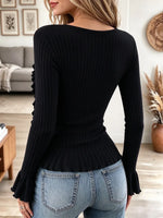 Women's Ruffle V Neck Ribbed Knit Top