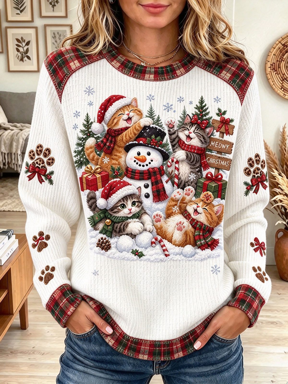 Women's Christmas Cats Snowman Graphic Knit Sweater with Plaid Trim Winter Pullover