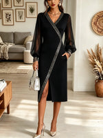 Women's Rhinestone Trim Wrap Ribbed Midi Dress