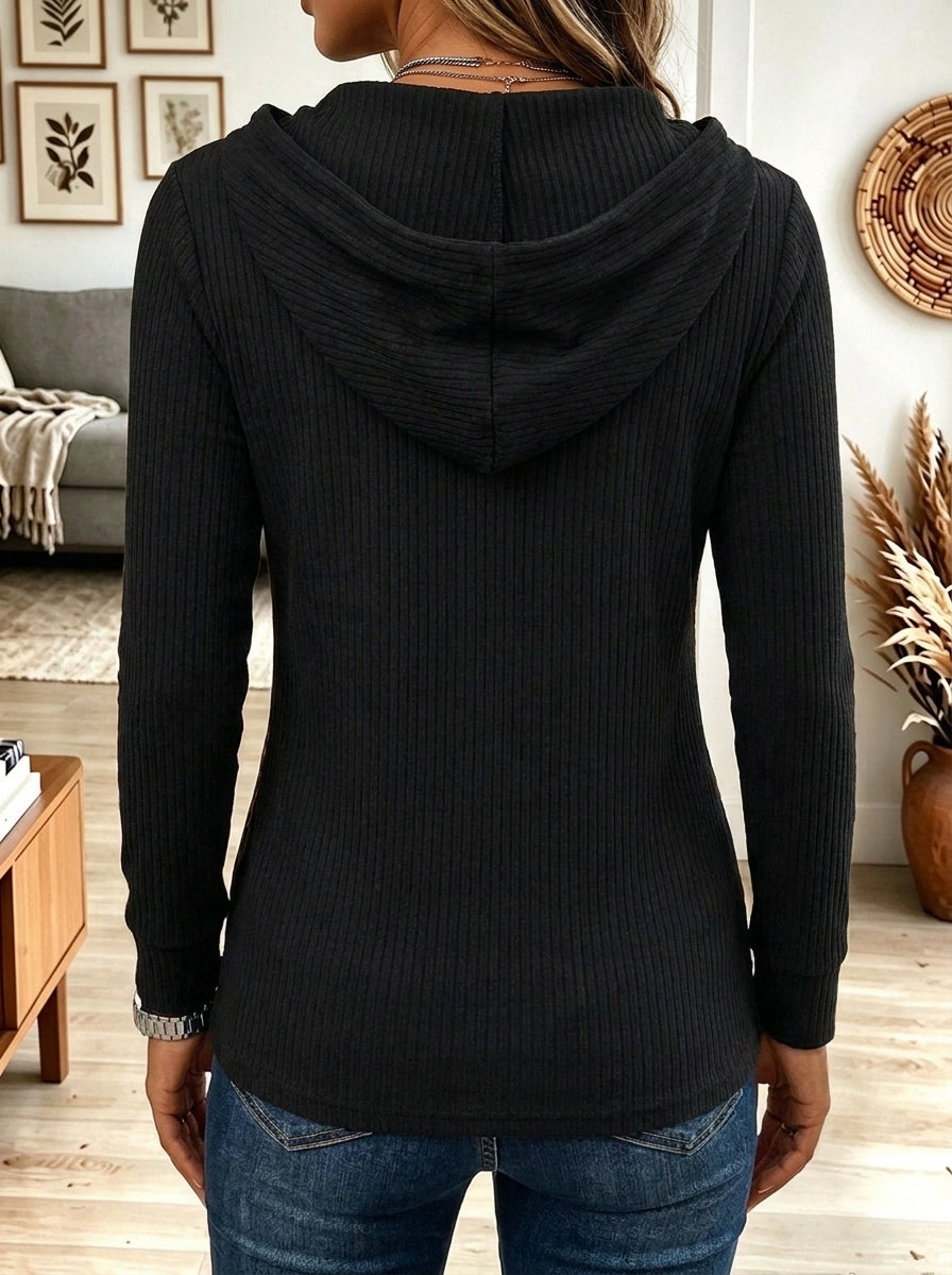 Women's Black Ribbed Knit Quarter Zip Hoodie With Leopard Print Accent Panels
